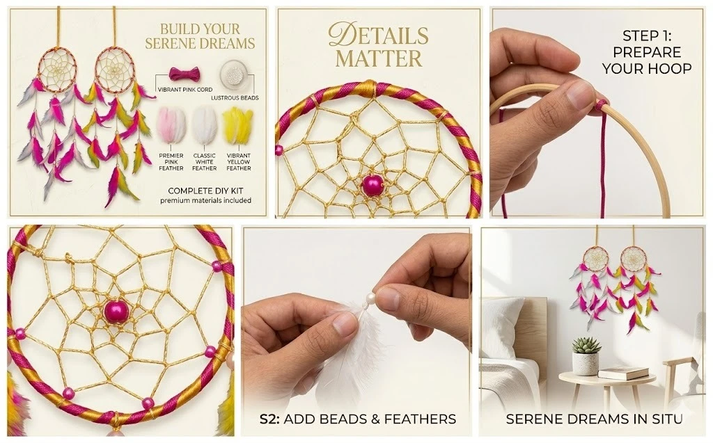 THE URBAN CRAFTIQUE Set of 2 Mini Twin Dreamcatchers – Vibrant Pink & Yellow Feathers for Car Decor, Wall Hanging & Small Spaces A+ content image