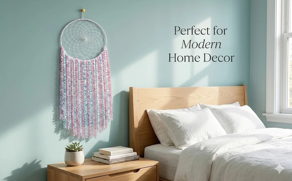 THE URBAN CRAFTIQUE Handcrafted Pastel Pink & White Tassel Dreamcatcher – Large Macrame-Style Wall Hanging for Bedroom, Nursery & Glam Home Decor A+ content image