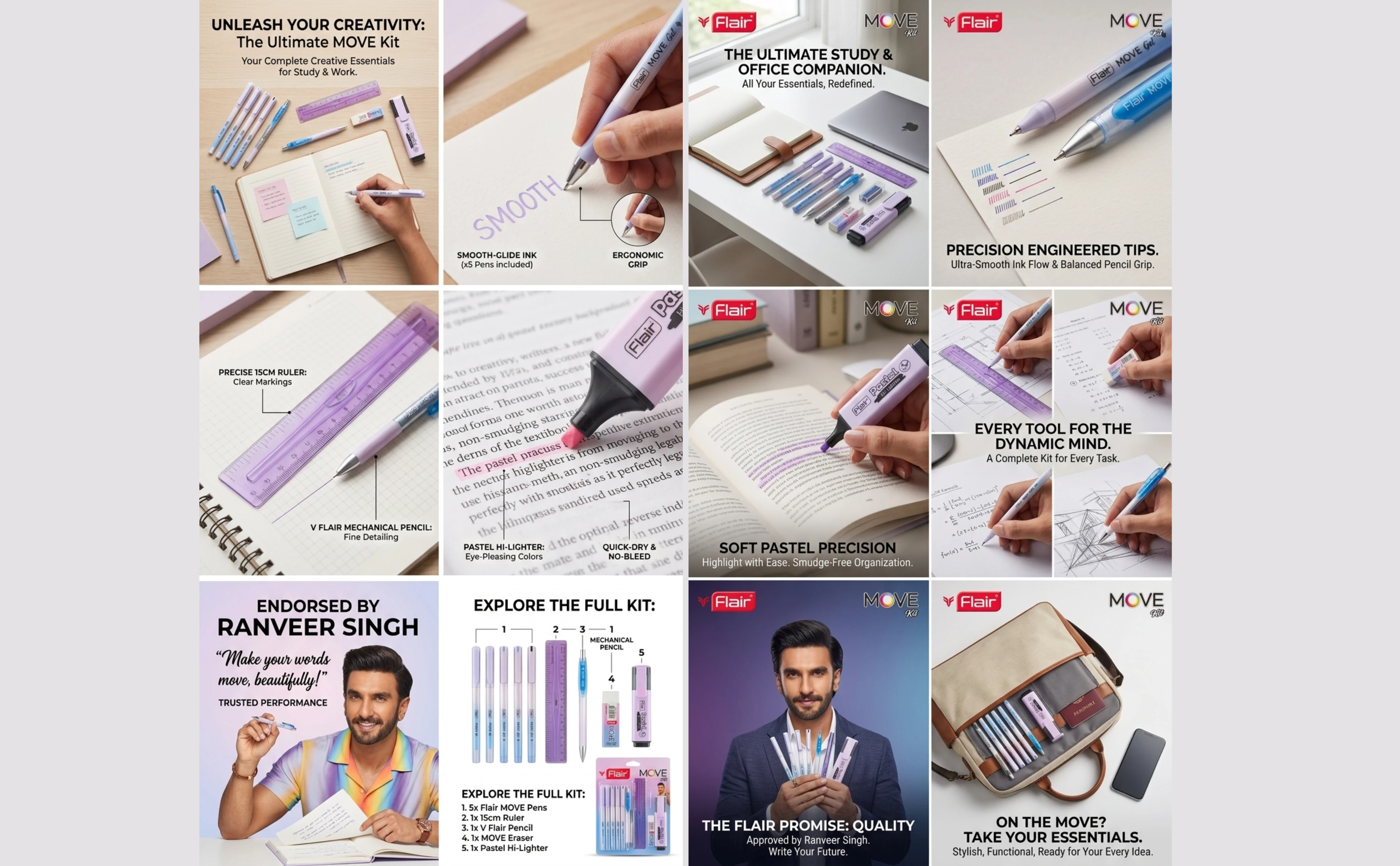 Flair MOVE Kit – All-in-One Pastel Stationery Set (Pens, Ruler, Eraser & Highlighter) A+ content image
