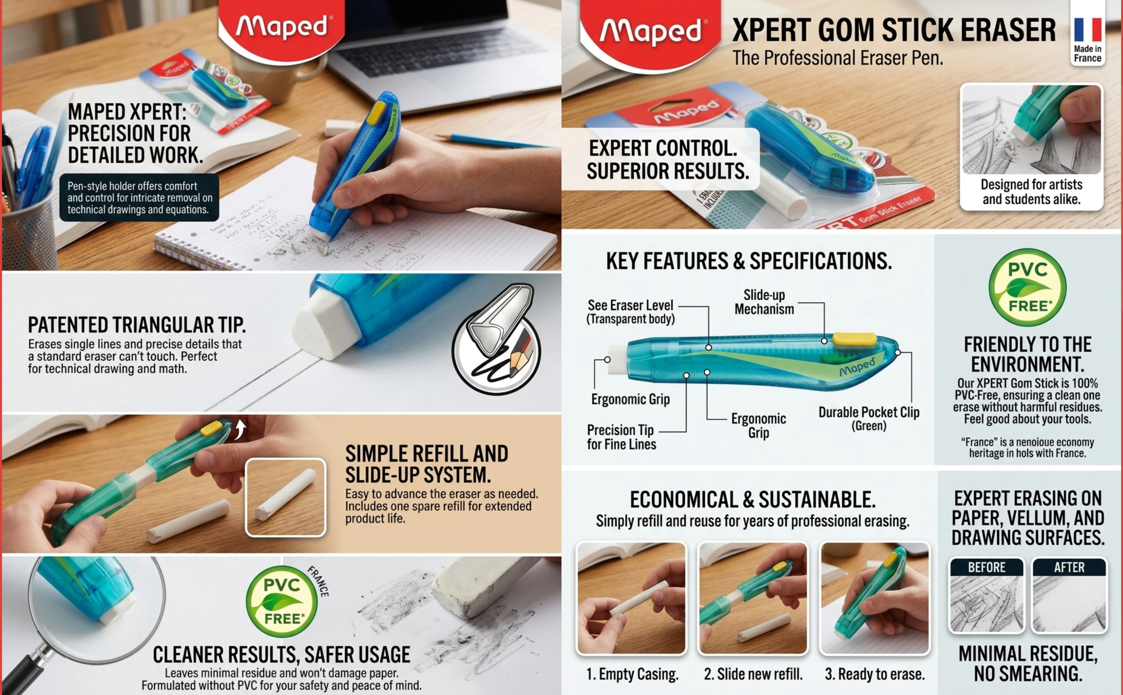 Maped XPERT Gom Stick Eraser – Precision Refillable Mechanical Eraser (PVC-Free, Includes 1 Refill) A+ content image