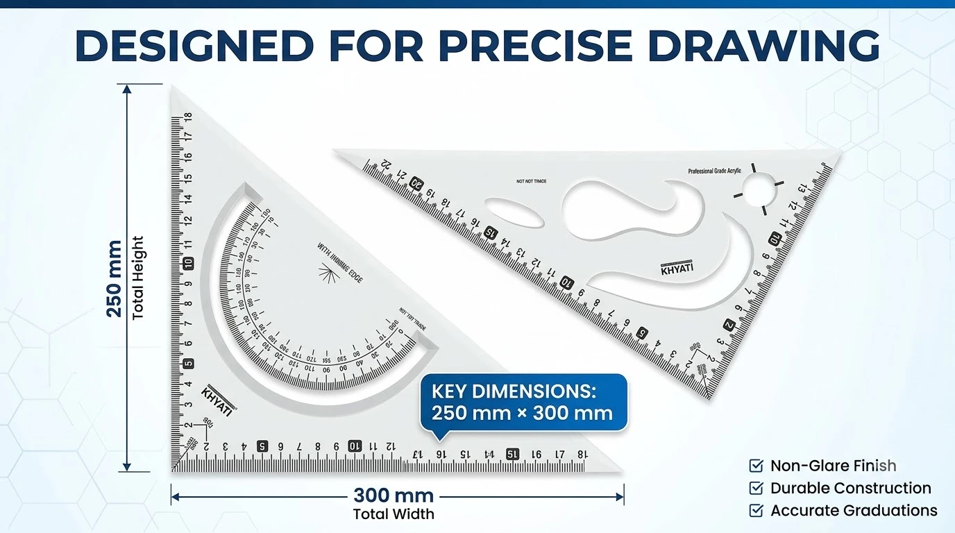 KHYATI Professional Set Square Pair (250 mm × 300 mm) with Integrated Protractor Scale & Inking Edge for Technical Drawing and Drafting A+ content image