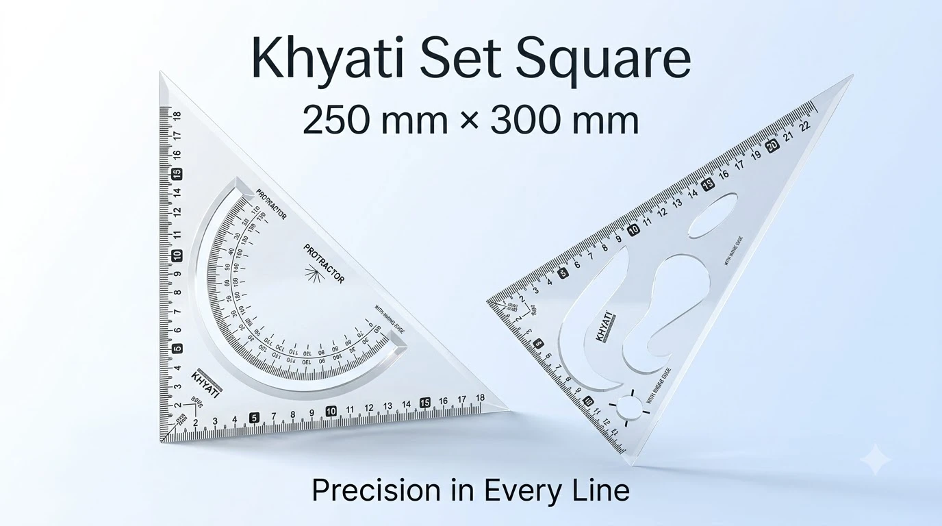 KHYATI Professional Set Square Pair (250 mm × 300 mm) with Integrated Protractor Scale & Inking Edge for Technical Drawing and Drafting A+ content image