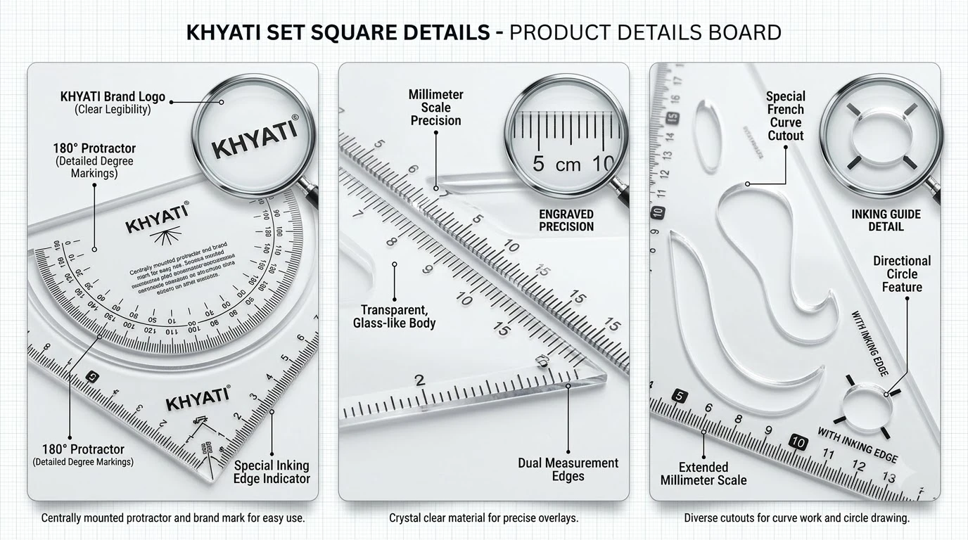 KHYATI Professional Set Square Pair (250 mm × 300 mm) with Integrated Protractor Scale & Inking Edge for Technical Drawing and Drafting A+ content image