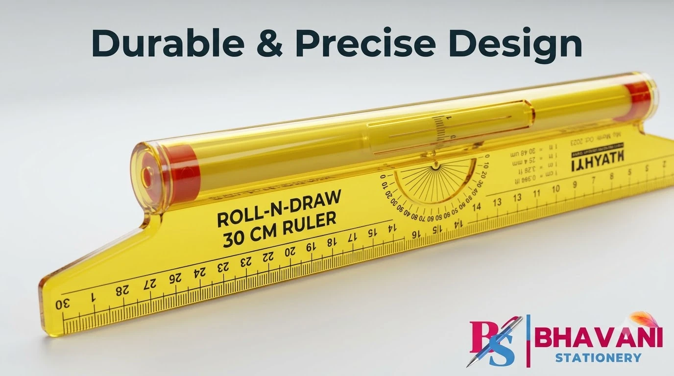 KHYATI D286 Roll-N-Draw 30 cm Multipurpose Rolling Ruler with Built-in Protractor & Conversion Scale for Parallel Lines, Curves, and Technical Drawing A+ content image
