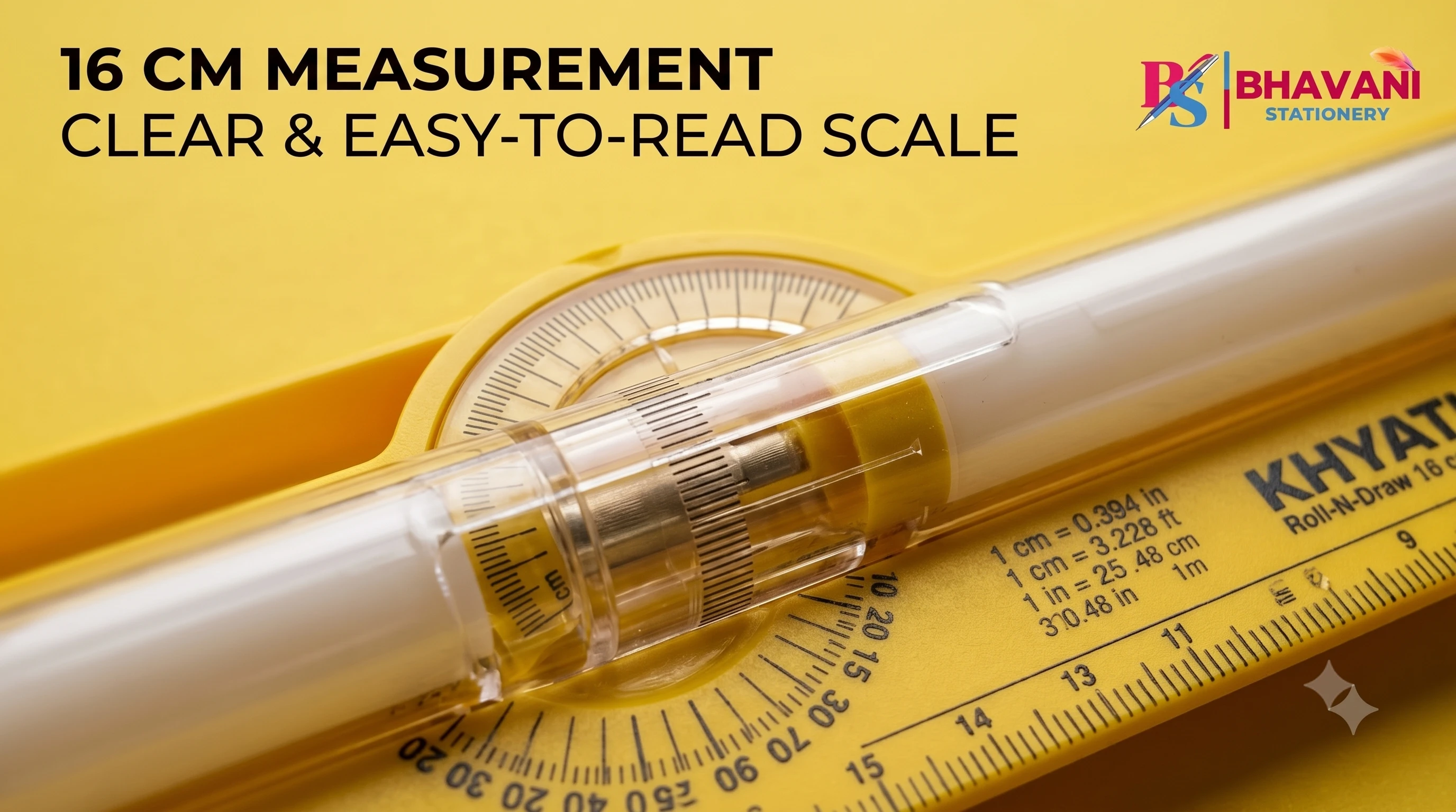 KHYATI D285 Roll-N-Draw 16 cm Compact Rolling Ruler with Built-in Protractor & Conversion Scale for Technical Drawing, Drafting, and Parallel Lines A+ content image