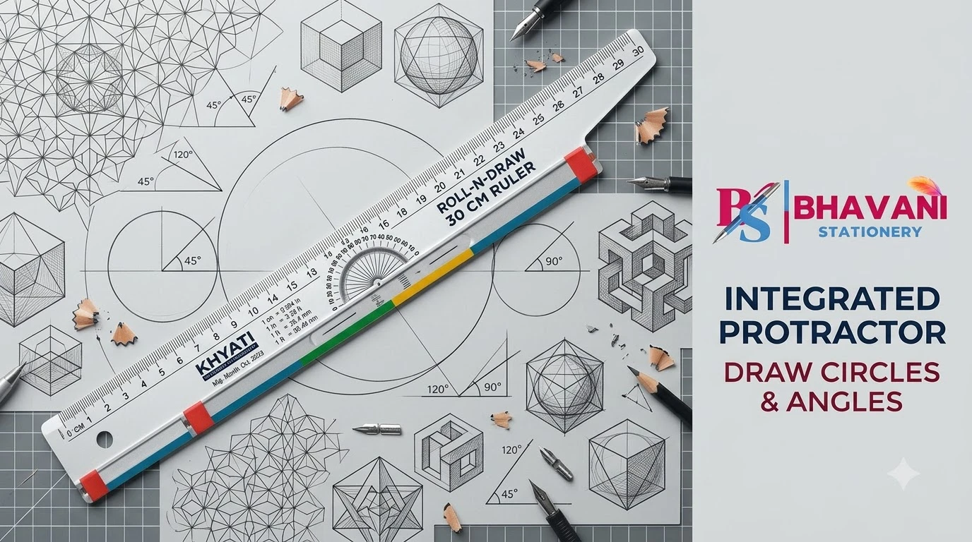 KHYATI D285 Roll-N-Draw 16 cm Compact Rolling Ruler with Built-in Protractor & Conversion Scale for Technical Drawing, Drafting, and Parallel Lines A+ content image