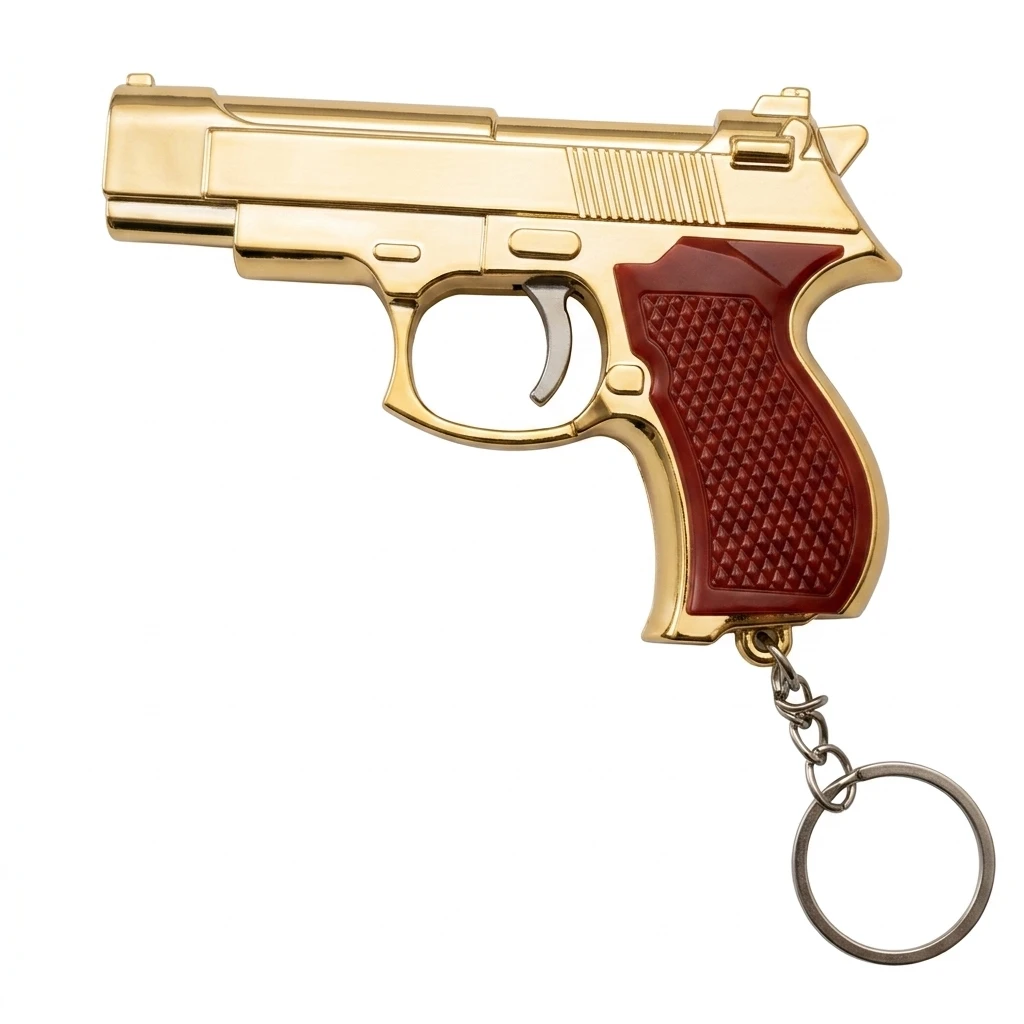 Ultra-Premium Miniature Pistol Keychain with Integrated Red Laser Pointer & High-Intensity LED Flashlight – Luxury Gold Finish with Classic Textured Maroon Grip
