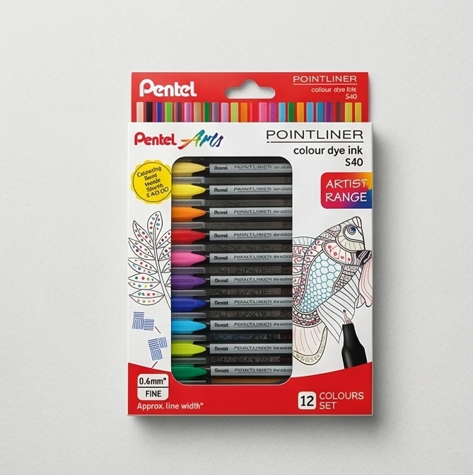 Pentel Arts Pointliner S40 Color Set – Premium 12-Piece Artist Fineliner Set with 0.6mm Fine Tip for Precision & Design