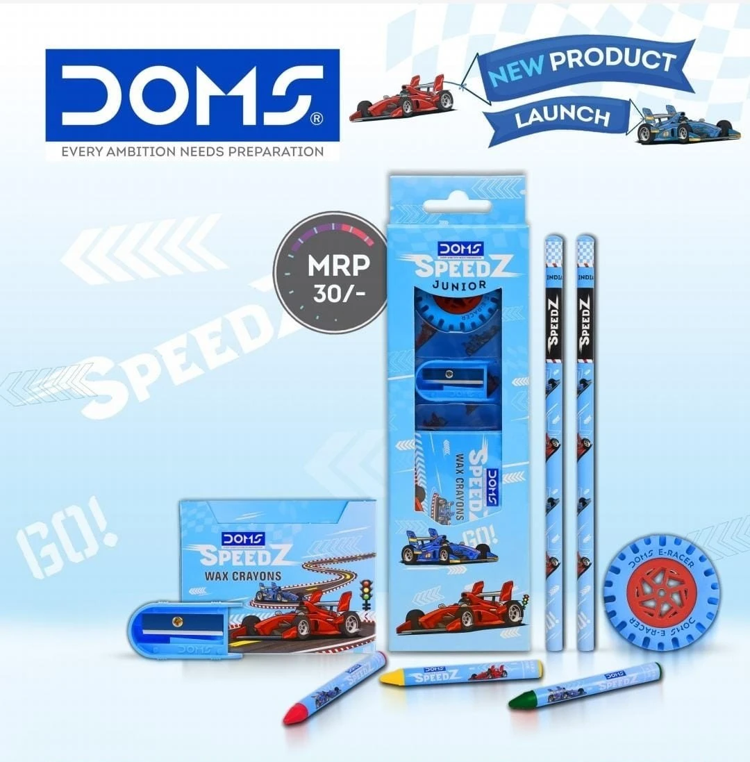 DOMS Speedz Junior Stationery Kit – Premium Racing Edition Art Set with Wax Crayons, Pencils, and Eraser for Students