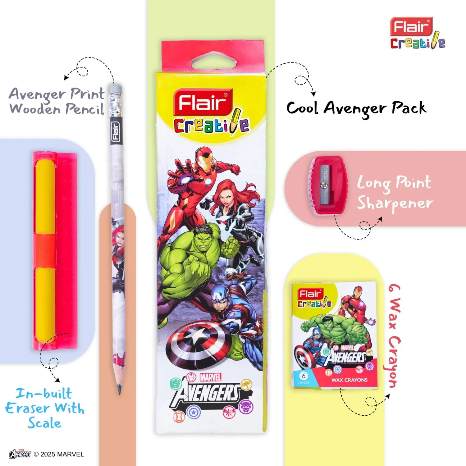 Flair Creative Marvel Avengers Stationery Kit – Premium Art & Scholastic Set with Wax Crayons, Dark Lead Pencil, and Precision Accessories