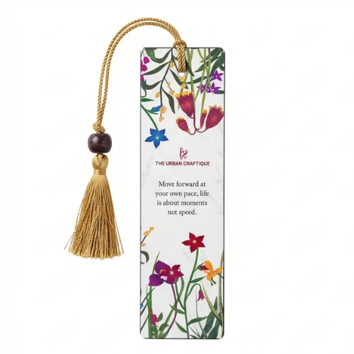 THE URBAN CRAFTIQUE Botanical Floral Bookmark with "Move Forward" Quote, Elegant Gold Tassel and Burgundy Wood Bead – Premium Handcrafted Gift for Readers and Nature Lovers