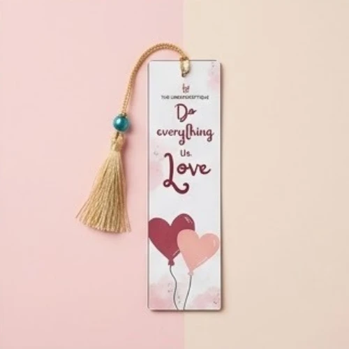 THE URBAN CRAFTIQUE "Do Everything in Love" Heart Illustration Bookmark with Elegant Gold Tassel and Teal Pearl Bead – Handcrafted Aesthetic Gift for Valentine's, Anniversaries, and Readers