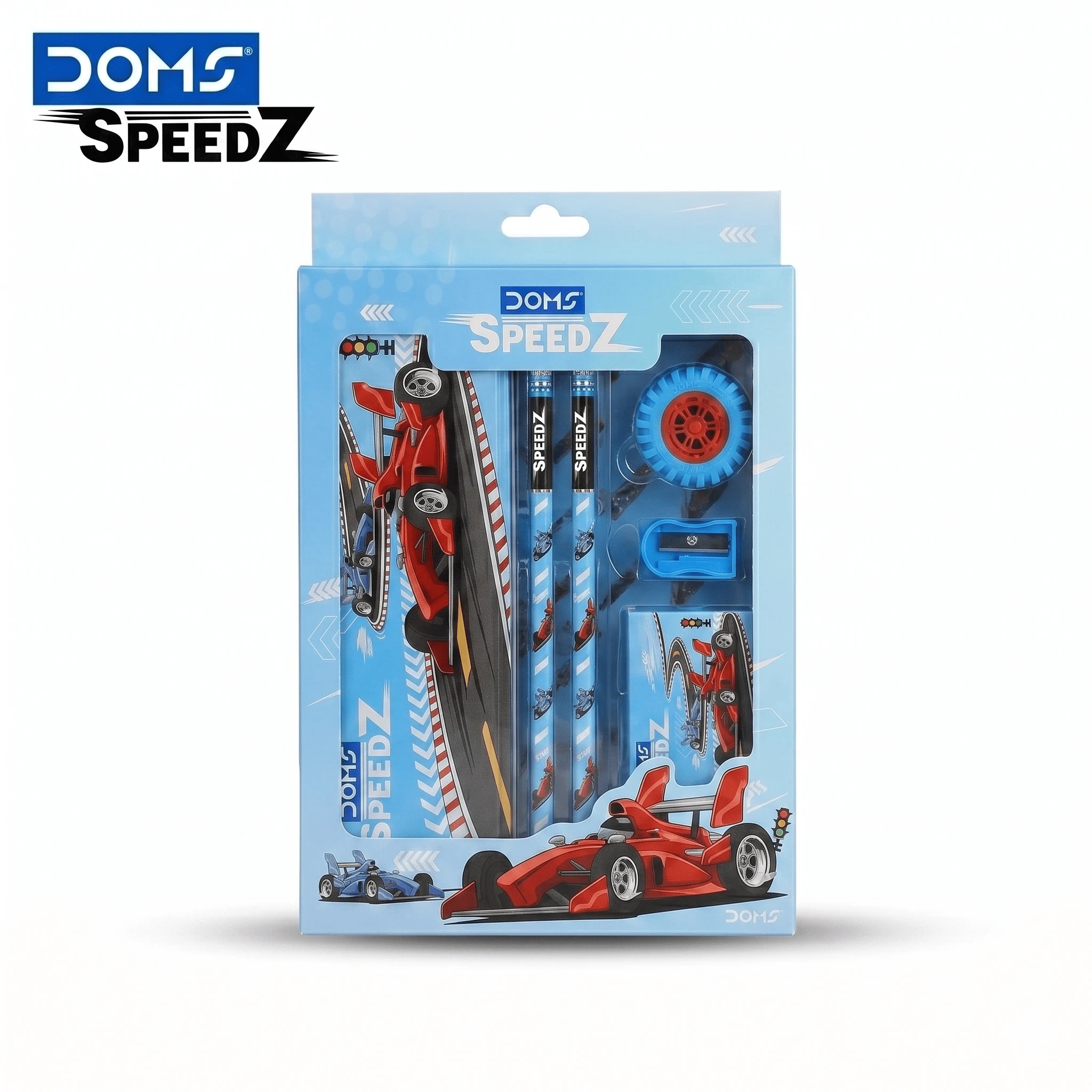DOMS SpeedZ Racing Edition Premium Stationery Kit – Professional 7-Piece All-in-One Art & Writing Set with Metal Pencil Box for Students