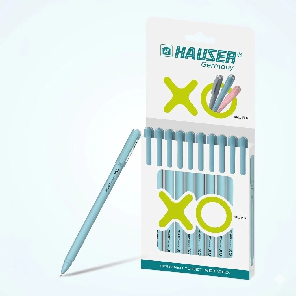 Hauser XO Ball Pen - Blue Ink - Sleek Pastel Body - Pack of 10 | Smooth Pressure-Free Writing | Ideal for Students & Office Use